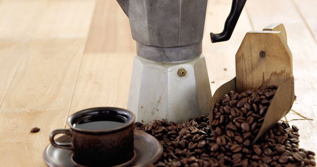 A moka pot, fresh coffee, and beans create a cozy, rustic ambiance with room for text. - Download Free Stock Photos Pikwizard.com