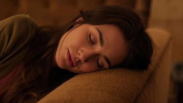 Sleeping woman resting head on sofa armrest, warm cozy interior, intimate closeup