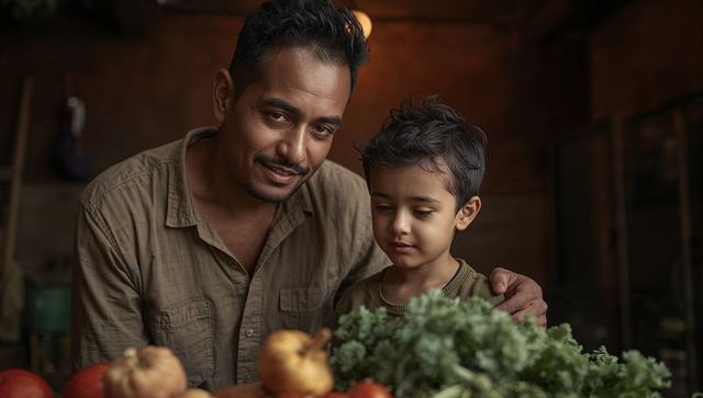 Smiling father and son selecting fresh kale and tomatoes at rustic wooden market stall