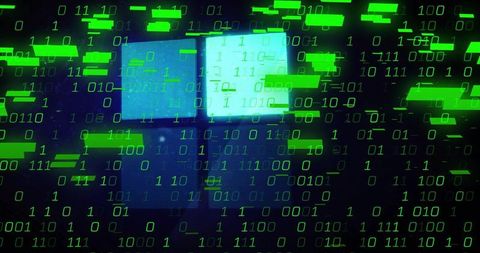 Streaming binary over 2x2 neon tile matrix with glitch blocks and holographic grid