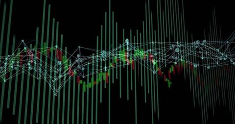 Digital Data Visualization with Network Nodes and Candlestick Charts