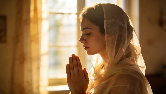 Sunlit devotional portrait of young woman praying in sheer veil, contemplative warm glow