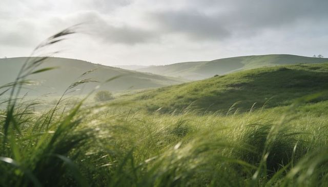 Swaying tall green grasses bending over rolling misty hills during overcast morning