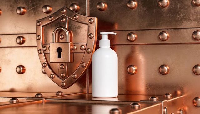 White pump bottle sitting on copper vault platform with shield padlock conveying security
