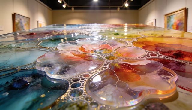 Translucent floral resin panel reflecting gallery lights with gold-seamed abstract layers