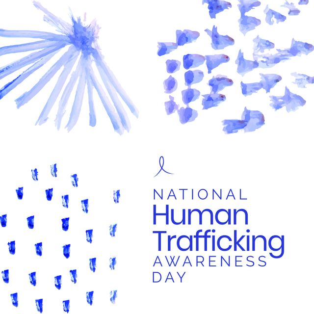 Graphic design of blue abstract patterns and text promotes National Human Trafficking Awareness Day. Useful for social cause campaigns, advocacy materials, and human rights education. It encourages spreading awareness and preventing human trafficking.