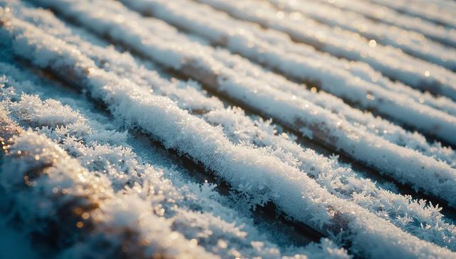 Feathery Frost Crystals on Corrugated Metal at Dawn
