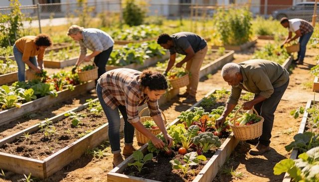 Community garden volunteers harvesting fresh vegetables in sunlit urban raised beds