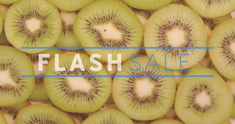Vibrant kiwi slice flatlay with flash sale overlay for retail promotion, social ads, email campaigns