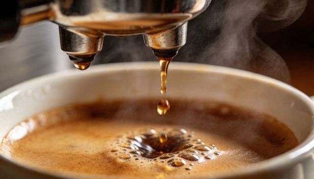Espresso shot dripping from portafilter into cup with rich crema and rising steam
