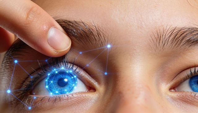 Close-up blue iris with holographic biometric network and index finger lifting eyelid