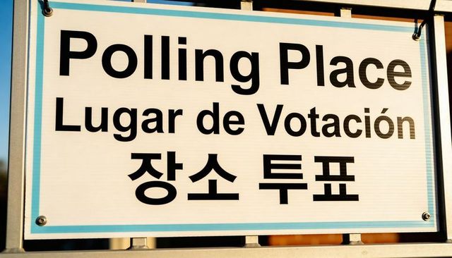Multilingual Polling Sign English Spanish Korean Mounted Metal Frame Closeup