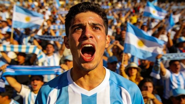 Argentine football fan cheering loudly in packed stadium waving flags and scarves