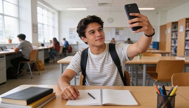 Teen student taking selfie in school library while studying with notebook and backpack
