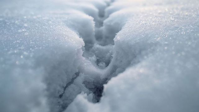 Revealing narrow snow fissure glittering with ice crystals macro frost granular texture