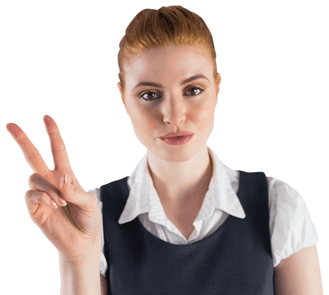 Redhead Businesswoman Showing Peace Sign on Transparent Background