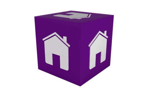 Purple cube with house symbol on transparent background