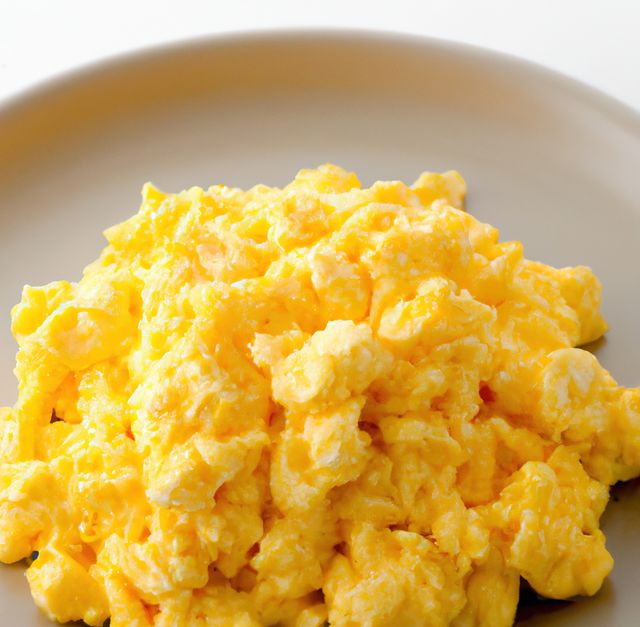 Bright yellow scrambled eggs assembled neatly on a beige plate. Perfect for use in culinary blogs, breakfast menus, healthy eating articles, and nutritional guides.