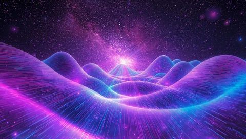 Neon Grid Hills Converge in Cosmic Digital Galaxy