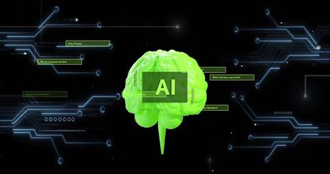 Neon green ai brain floating over digital circuitry with holographic prompt interface