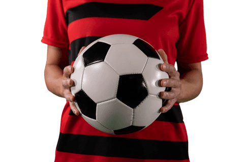 Female football player holding soccer ball with transparent background