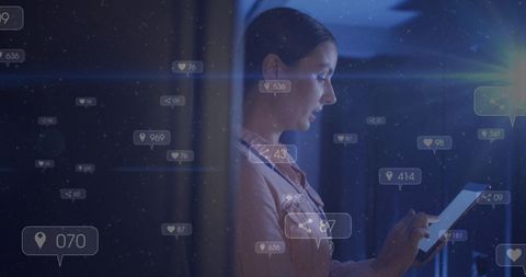 Woman in Server Room with Social Media Icons Image Overlay - Download Free Stock Images Pikwizard.com