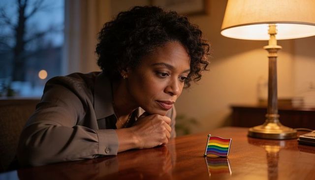 Contemplating at desk with pride flag pin leaning worker reflecting identity and inclusion
