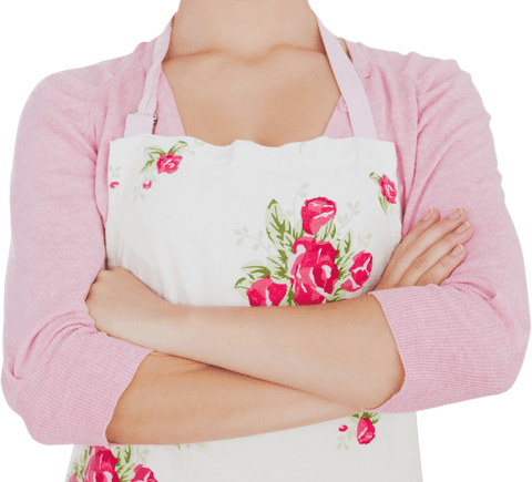 Woman in Floral Apron with Arms Crossed on Transparent Background