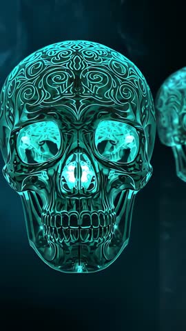 Rotating ornate metallic skull revealing twin in swirling smoke — futuristic vertical loop