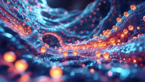 Abstract digital particle mesh with glowing spheres in futuristic space