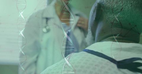 Clinician consulting male patient in gown with stethoscope and dna helix overlay for genetics study
