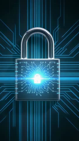 Padlock Securing Digital Circuitry with Neon Blue Beam Vertical Cybersecurity Video