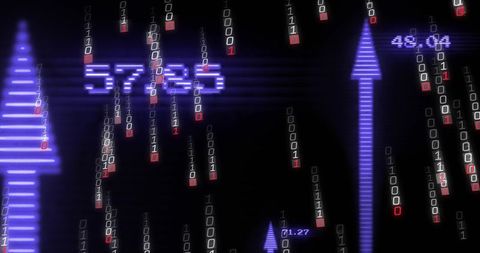 Displaying neon segmented numeric 57.25 on virtual hud with binary streams and arrows