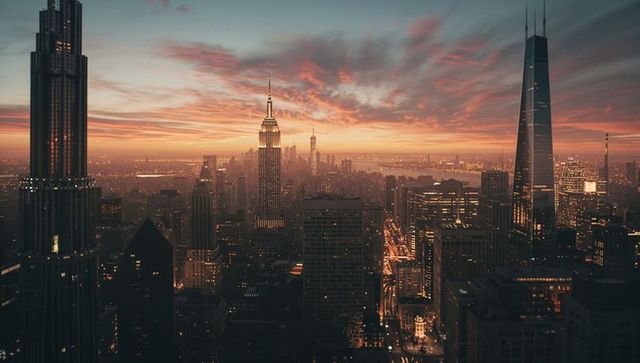 City skyline with glowing skyscrapers at twilight