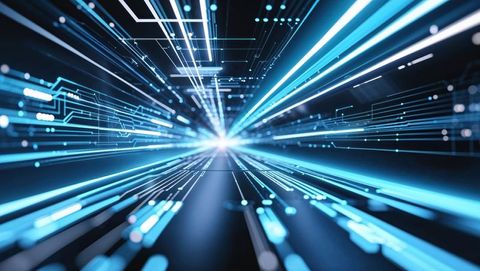 Futuristic digital data tunnel with glowing blue circuits