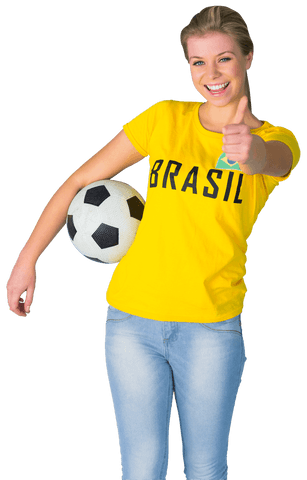 Celebrating Brazilian soccer spirit, this dynamic image of a smiling fan holding a soccer ball is ideal for promotions related to sports events, team support, or Brazilian culture. Its transparent background design makes it easy to incorporate into various marketing materials, advertisements, or social media graphics.