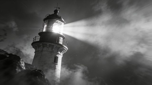 Beaming lighthouse casting powerful beam through fog over rugged cliff at night