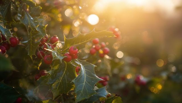 Glowing backlit holly branch with glossy spiny leaves and red berries at sunrise
