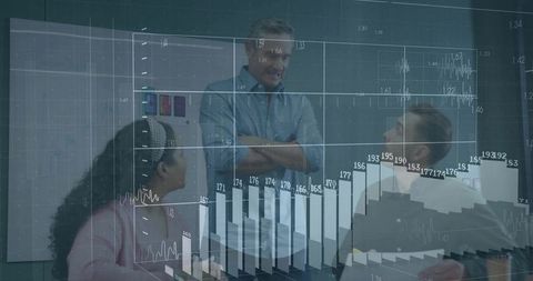 Team Analyzing Financial Data in Modern Boardroom with Interactive Charts and Graphs