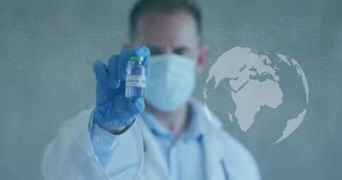 Scientist holding covid-19 vaccine vial in laboratory with world map overlay