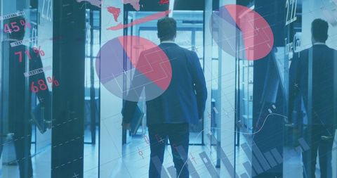 Businessman walking with virtual data visualizations