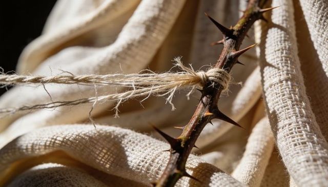 Thorned branch tying with frayed twine on burlap casting warm shadows rustic macro texture