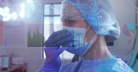 Nurse Analyzing Data Amidst Technological Overlay in Medical Room
