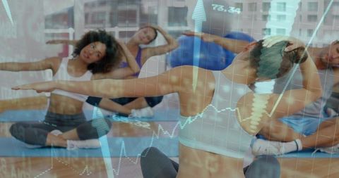 Group Fitness Stretching Class with Data Overlay Showing Wellness Analytics in City Studio