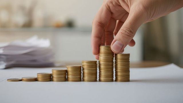 Hand Stacking Gold Coins Representing Savings Growth, Wealth Building, Financial Planning