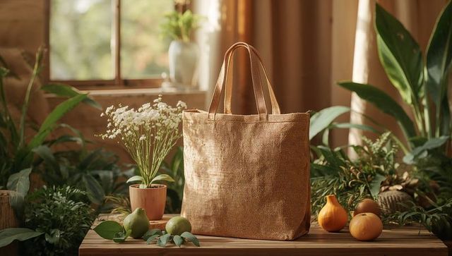 Woven jute tote bag standing on rustic wooden bench with pears and greenery
