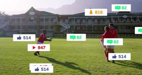 Rugby Players on Field with Social Media Icons Overlay