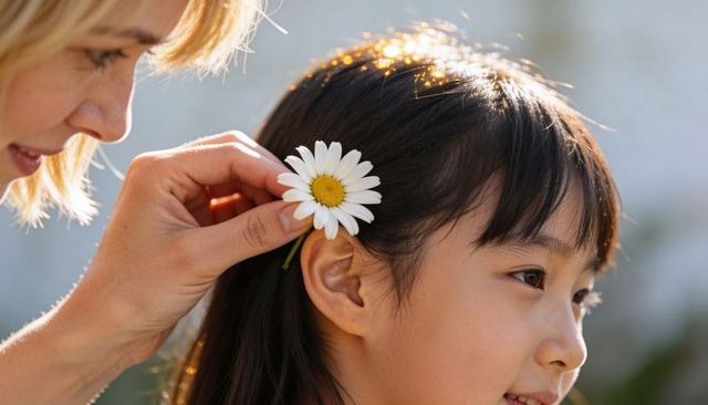 Placing white daisy behind young girl's ear in sunlit backyard nurturing tender moment
