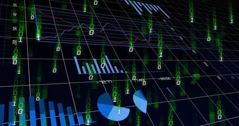 3d data analytics dashboard showing falling binary matrix and neon charts