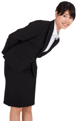 Smiling Asian Businesswoman Bow Greeting on Transparent Background